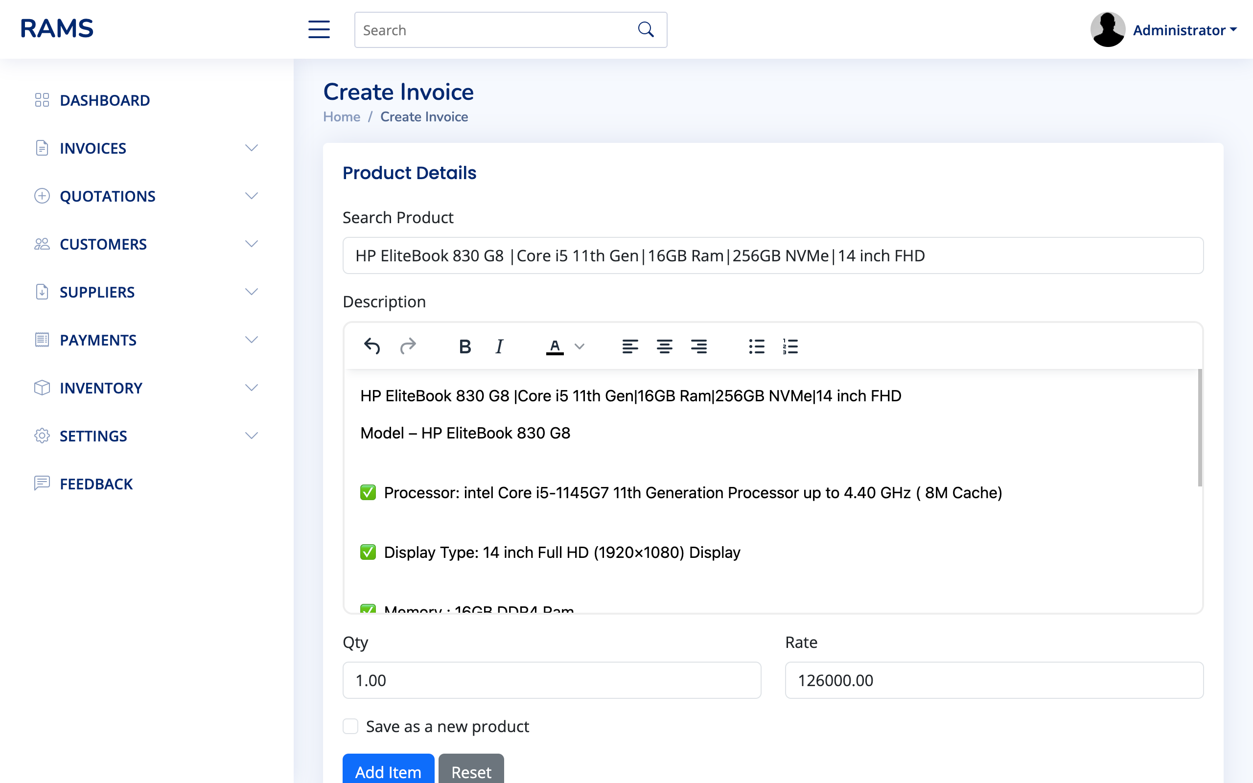 Adding Invoice Items